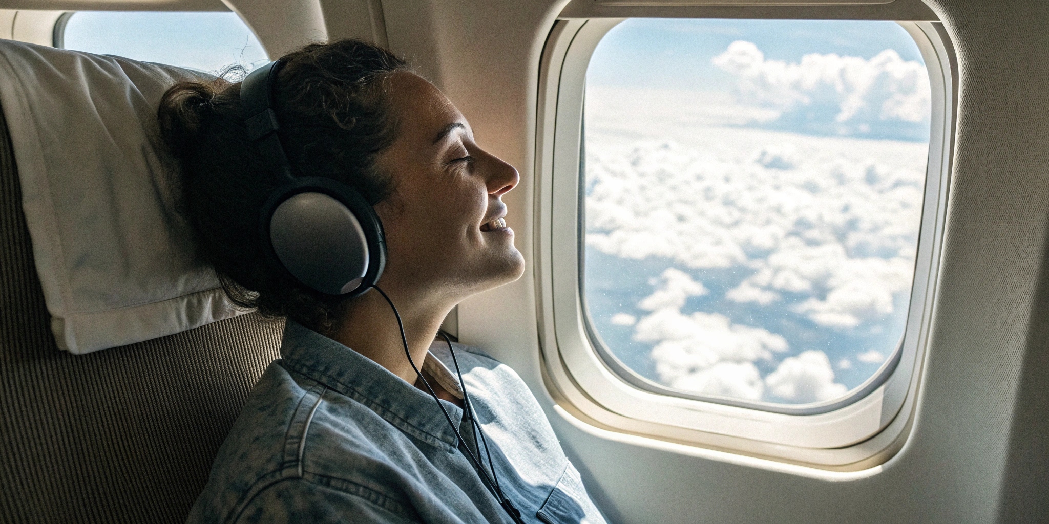A traveler wearing over-ear headphones, sitting on an airplane, with a window view of clouds outside. The image represents choosing the best headphones for comfortable airplane travel.