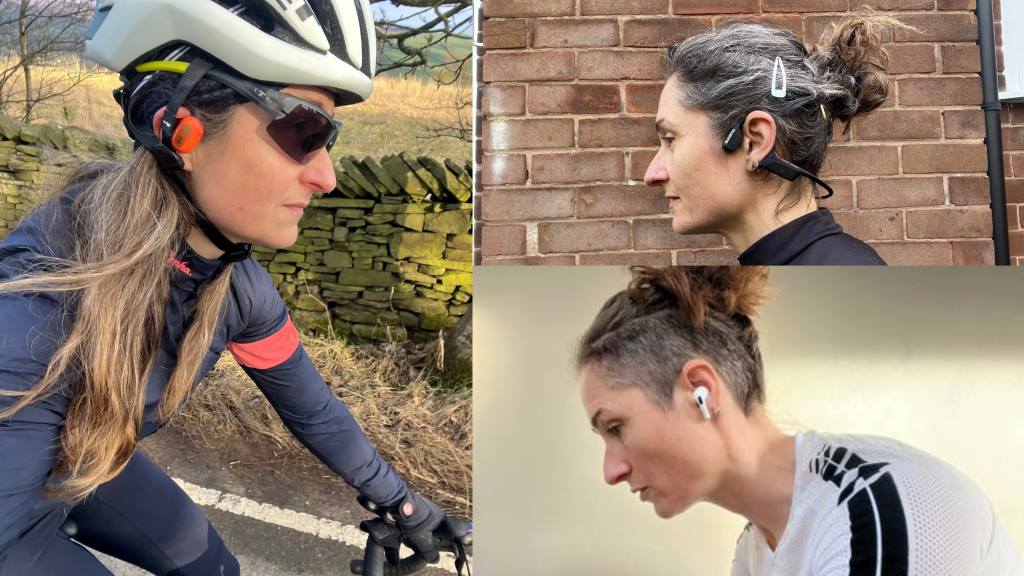 Cyclist wearing Shokz OpenRun Pro bone conduction headphones on a road bike.