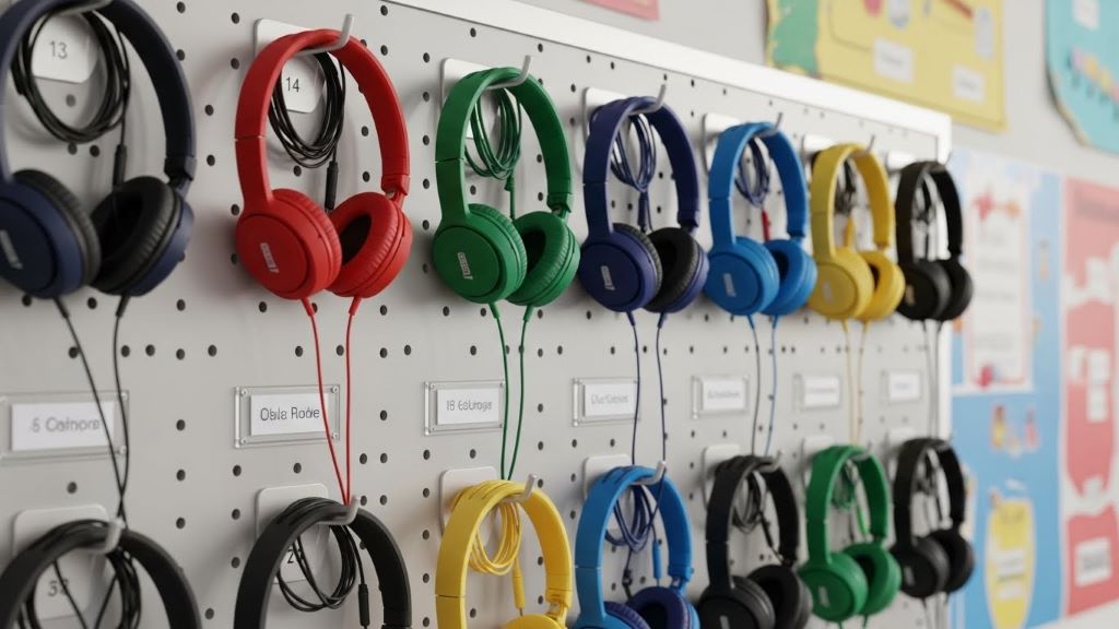Wall-mounted pegboard with organized classroom headphones hanging on labeled hooks with wrapped cables
