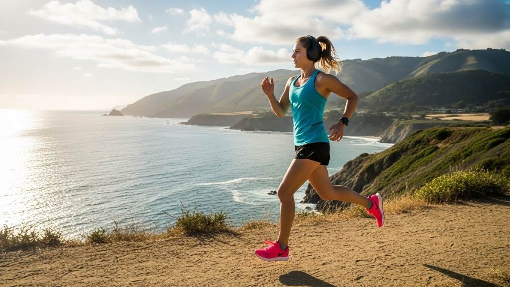 Runner in motion wearing comfortable over-ear headphones on a scenic path.