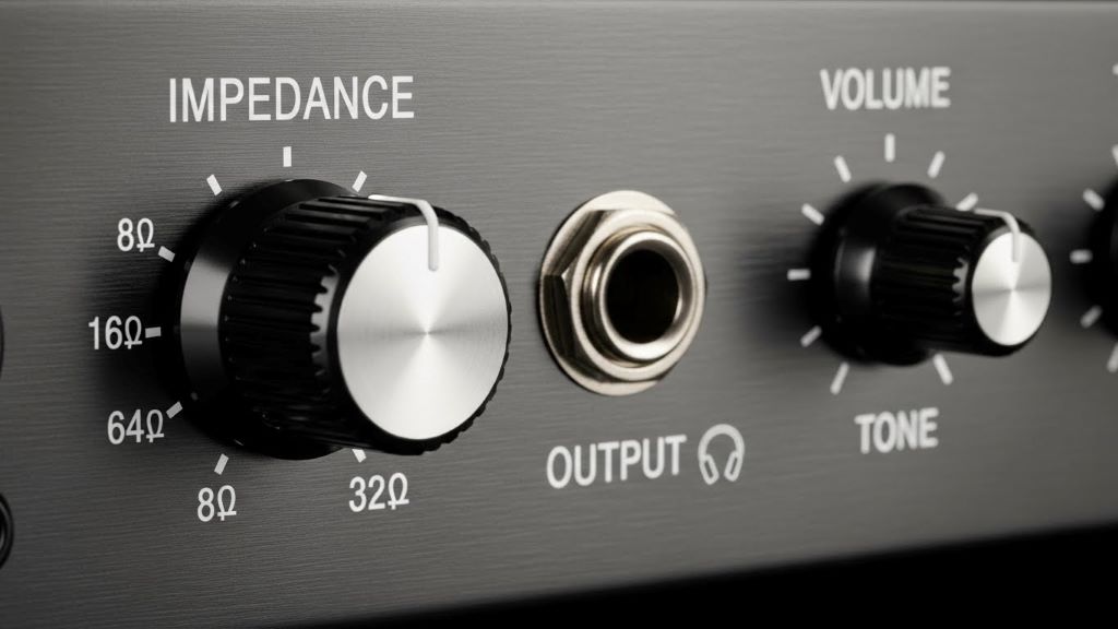 Close-up of guitar headphone amp controls showing impedance settings and output jack