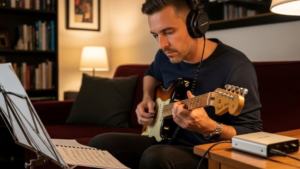 Guitarist wearing headphones connected to portable headphone amplifier during practice session