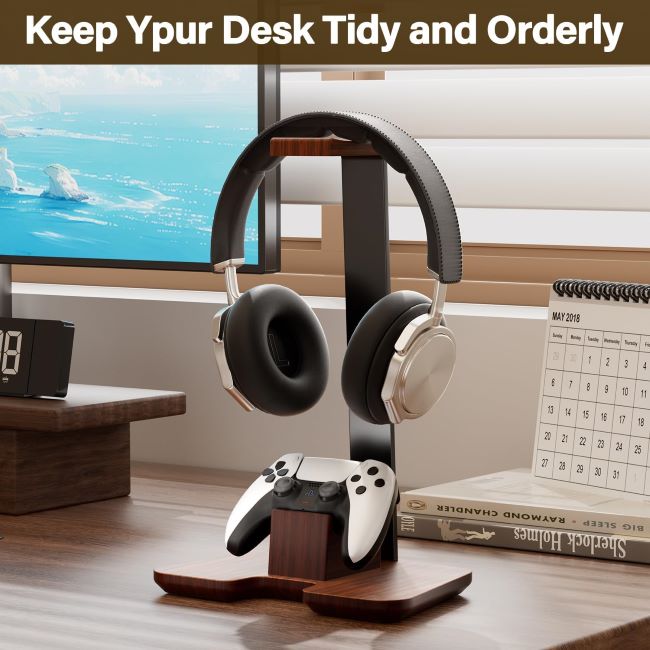 CUIWHRL wooden headphone stand with controller holder for organized gaming desk and headset storage