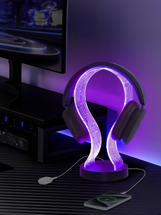 CoolGift Mart light up headphone stand with 16 color lights and USB charging ports for gamers
