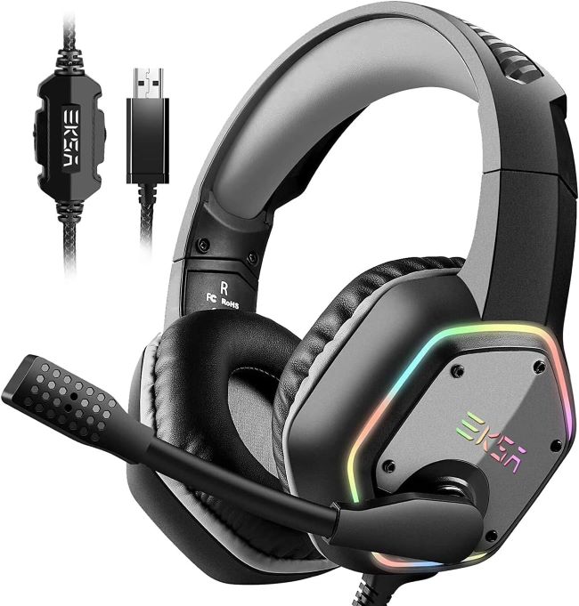 EKSA E1000 USB gaming headset with noise canceling mic, 7.1 surround sound, RGB lights, and wired support for PC PS5 PS4