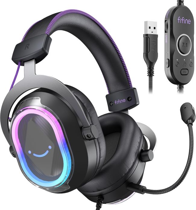 FIFINE wired USB gaming headset with 7.1 surround sound, RGB lighting, and game chat balance controls for gamers