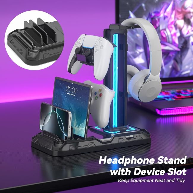 KDD headset stand with charging station, controller holder, and rotating headphone hanger for gaming desk organization