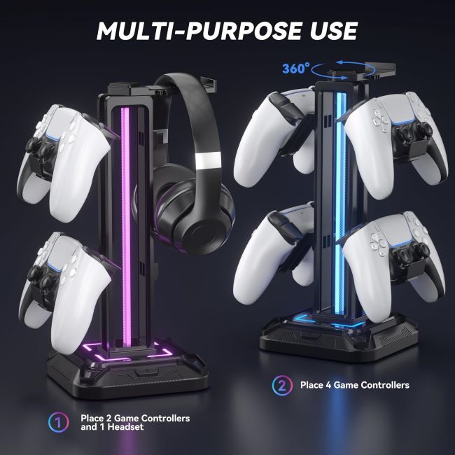 KDD RGB headset stand with 9 light modes and detachable controller hook for desk gaming accessories