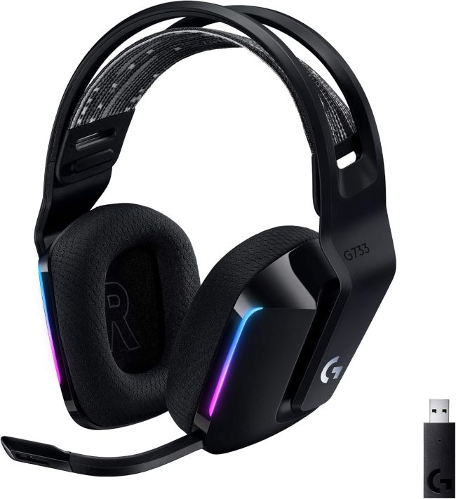 Logitech G733 wireless gaming headset with RGB lighting, suspension headband, and Blue VO!CE mic for PC and consoles