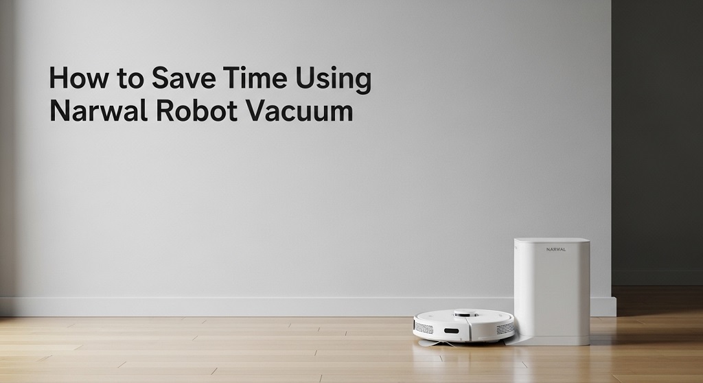 Narwal robot vacuum cleaning a modern living room floor to save homeowners time.