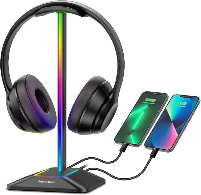 New bee RGB headphone stand with USB-C charging port and 7 light modes for gaming desk accessories