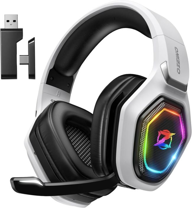 Ozeino 2.4GHz wireless gaming headset with flip microphone, lossless audio, USB Type-C, and 40-hour battery life