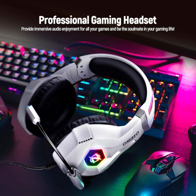 Ozeino gaming headset with 7.1 surround sound, noise cancelling mic, and LED lighting for multi-platform use