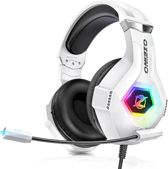 Ozeino gaming headset in white with noise canceling mic, LED lights, and 7.1 surround sound for PC PS5 Xbox
