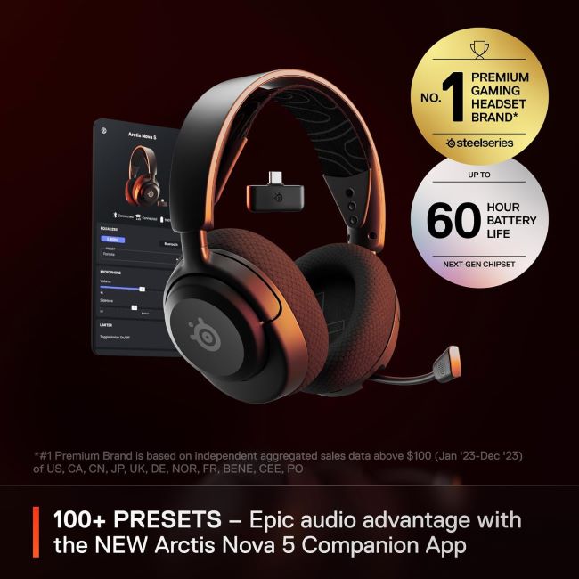 SteelSeries Arctis Nova 5 wireless gaming headset with 60-hour battery and ClearCast microphone for multi-system gaming