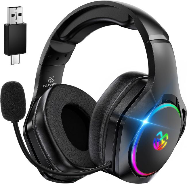 Tatybo wireless gaming headset with 2.4GHz USB, Bluetooth, 40-hour battery, and noise canceling mic for PS5 PC Switch