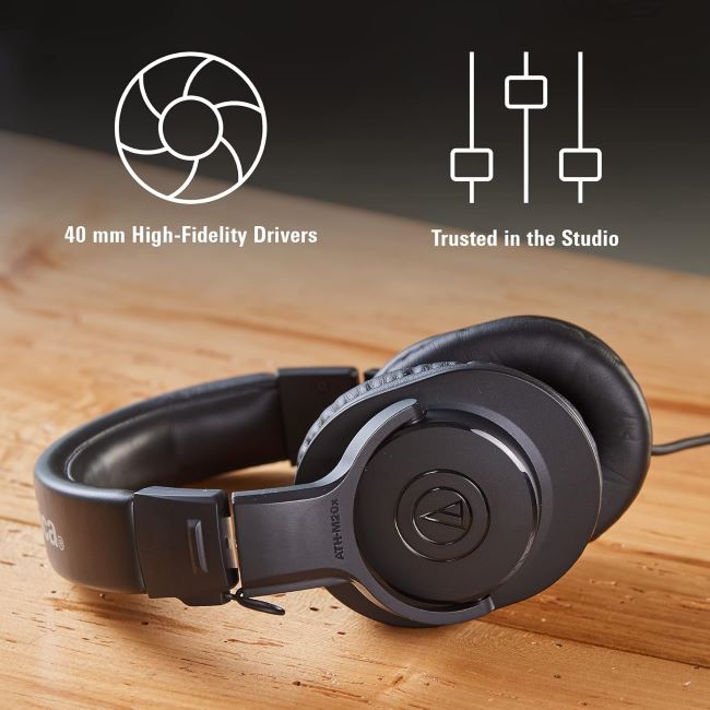 Audio-Technica ATH-M20x studio monitor headphones with over-ear design for professional recording and sound monitoring