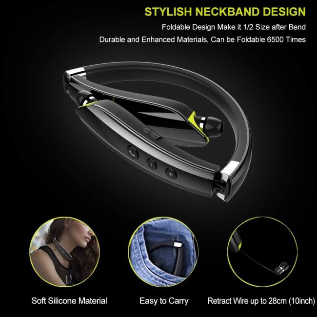 BEARTWO Bluetooth neckband earbuds with retractable design, noise cancelling stereo sound, and portable carry case