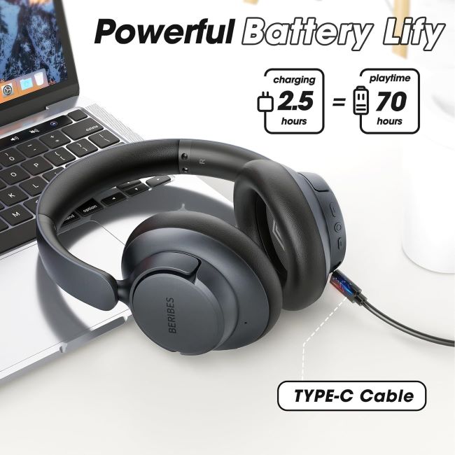 BERIBES hybrid active noise cancelling headphones with deep bass, transparent mode, and long battery life