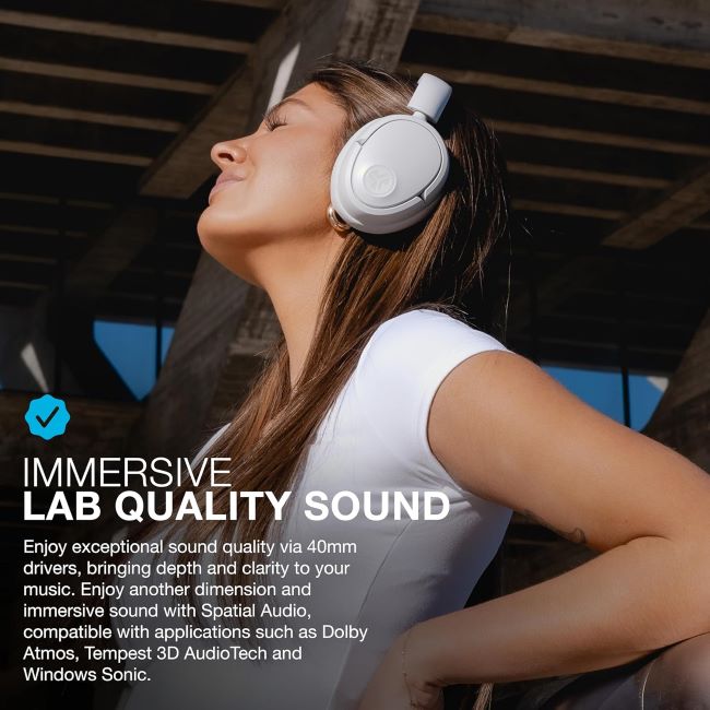 JLab JBuds Lux ANC cloud white headphones with soft ear cushions and active noise cancelling for immersive listening