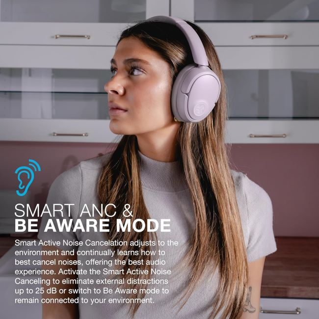JLab JBuds Lux ANC mauve wireless headphones with Bluetooth connectivity and premium over-ear comfort design