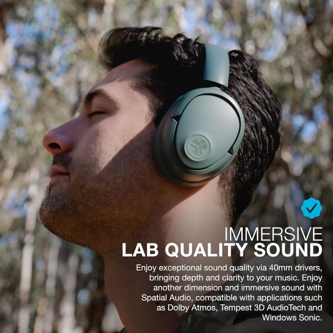 JLab JBuds Lux ANC sage over-ear headphones with active noise cancellation, Bluetooth connectivity, and immersive spatial audio