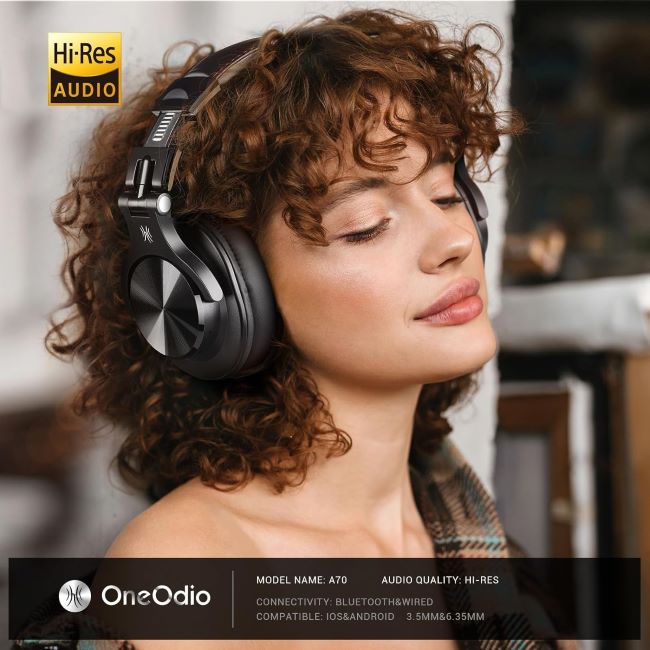 OneOdio A70 wireless Bluetooth over-ear headphones with Hi-Res audio and studio monitoring support for DJs