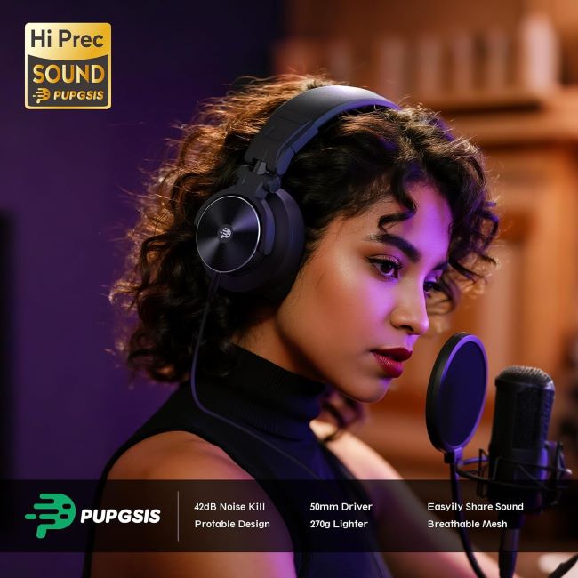 PUPGSIS wired studio monitor headphones with 50mm drivers and DJ stereo sound for recording and mixing setups