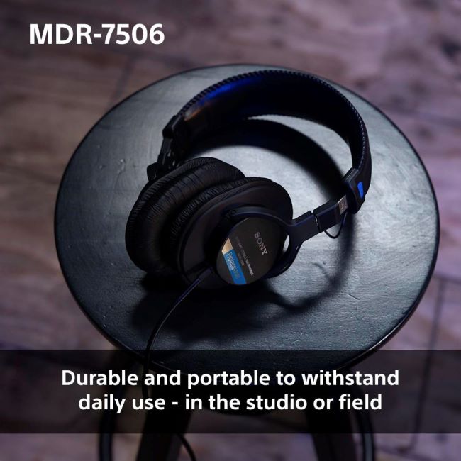 Sony MDR7506 professional studio headphones with large diaphragm drivers designed for accurate audio monitoring
