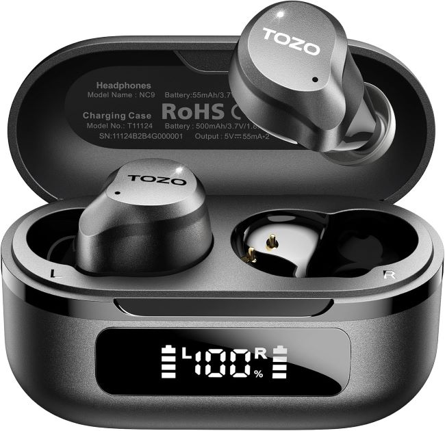 TOZO NC9 hybrid noise cancelling earbuds with six microphones, waterproof design, and customizable audio settings