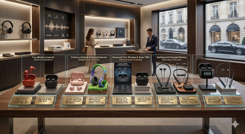 True wireless earbuds with charging case placed on a desk, showcasing budget-friendly audio quality for daily use in Pennsylvania (PA)