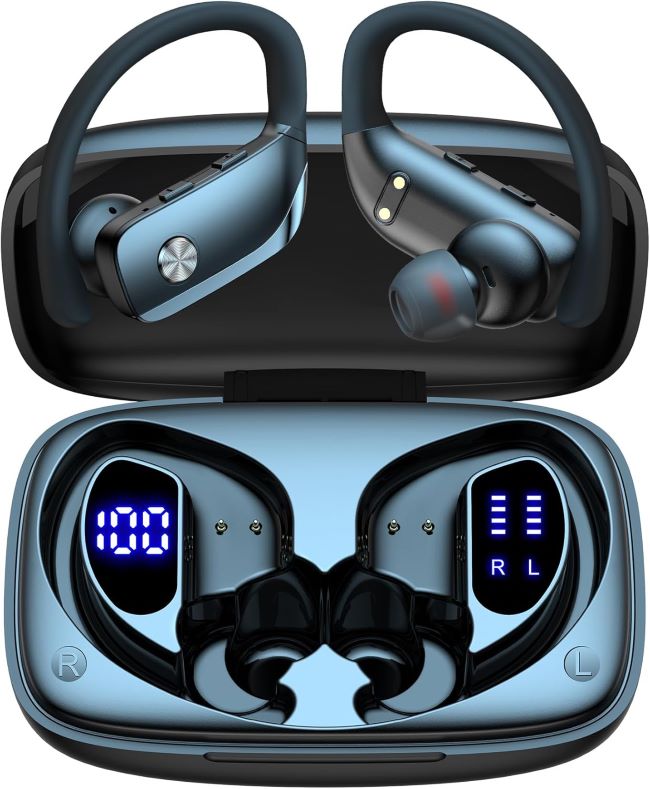 bmani wireless sports earbuds with ear hooks, LED display charging case, and long battery life for workouts