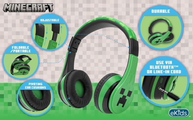 eKids Minecraft kids Bluetooth wireless headphones with volume-limiting design, microphone, and foldable build