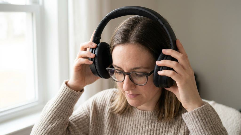 A person wearing over the ear headphones with a relaxed expression in a home office setup
