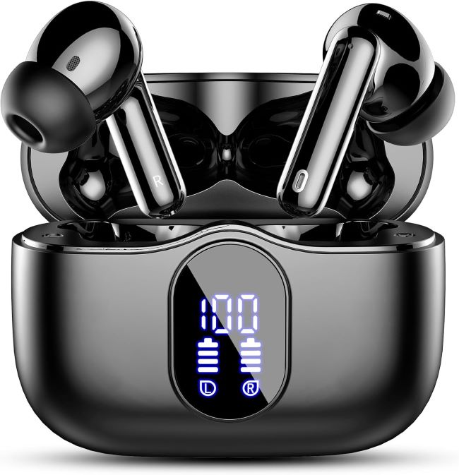 Btootos Wireless Earbuds with Bluetooth 5.4, LED battery display, noise-cancelling microphone, and IP7 waterproof design in black