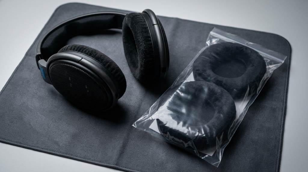 Hands attaching bayonet style ear pad to Sennheiser ear cup