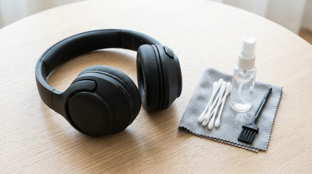 Headphones stored in a protective case with cleaning supplies