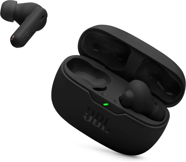 JBL Vibe Beam 2 true wireless earbuds with JBL Pure Bass sound, smart ambient mode, four microphones for clear calls, and IP54 dust and water resistance