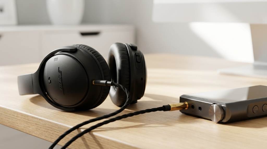 Man wearing Bose Quiet Comfort headphones while listening to music