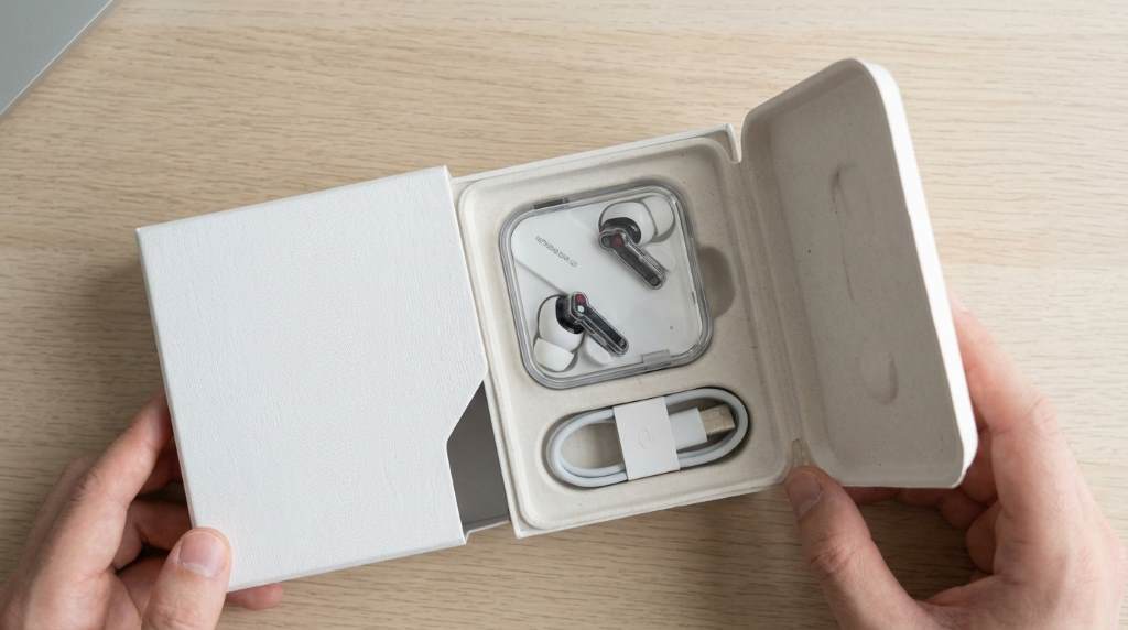 Nothing headphones placed next to a smartphone showing the app interface
