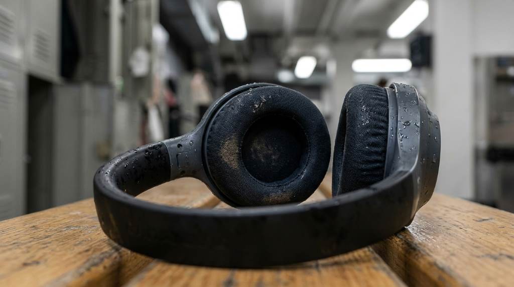 Person cleaning workout headphones with a microfiber cloth