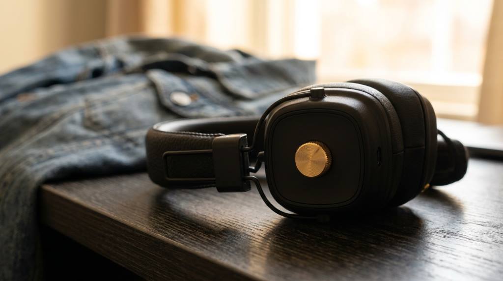 Person testing different sound profiles on Marshall headphones
