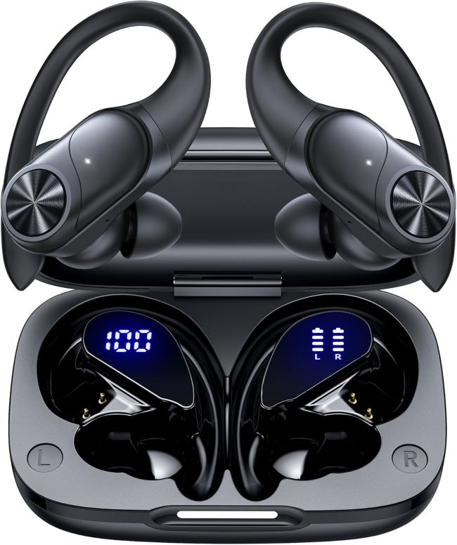 PocBuds Bluetooth wireless earbuds with earhooks, 80-hour playtime, digital display charging case, deep bass sound, and IPX7 waterproof protection