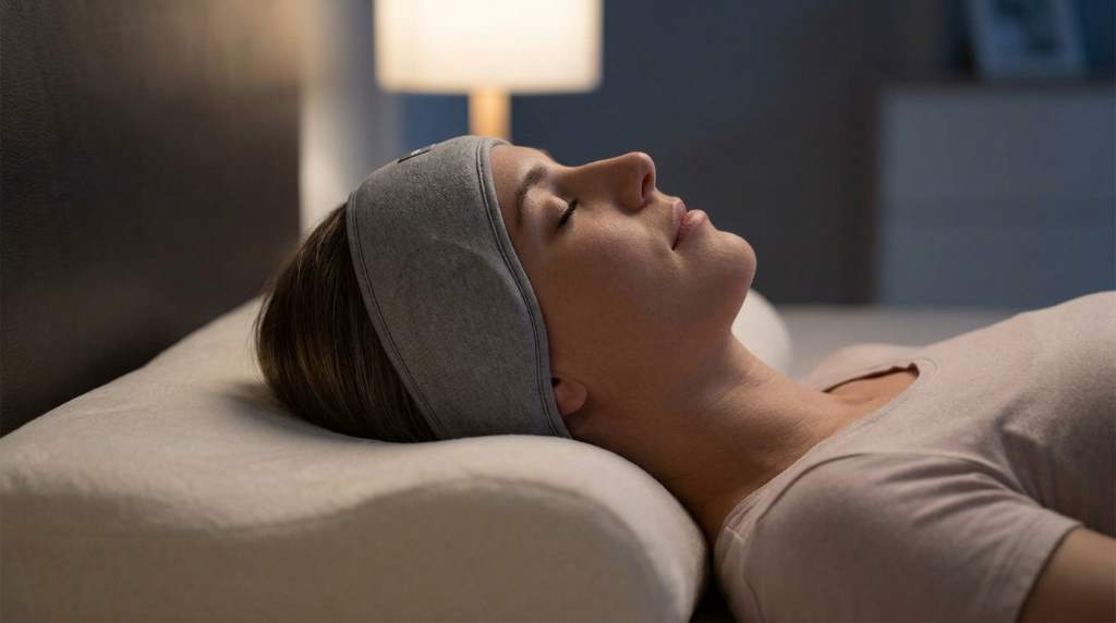 Woman sleeping peacefully with wireless headphones on