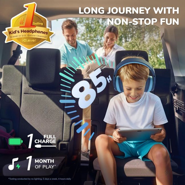 iClever over-ear Bluetooth headphones for kids using tablets, laptops, and learning devices