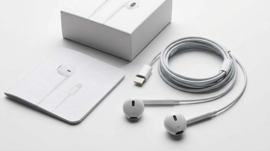 Apple EarPods resting beside a smartphone on a desk