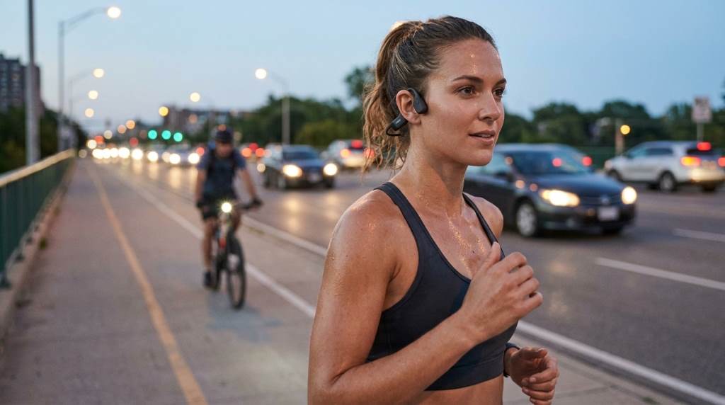 Athlete wearing Shokz OpenRun on a cycling route