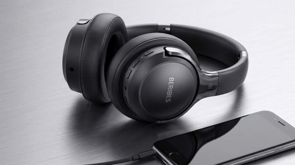 Beribes wireless headphones connected to laptop
