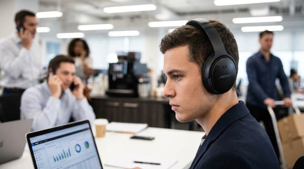 Bose QuietComfort Headphones on a wooden desk
