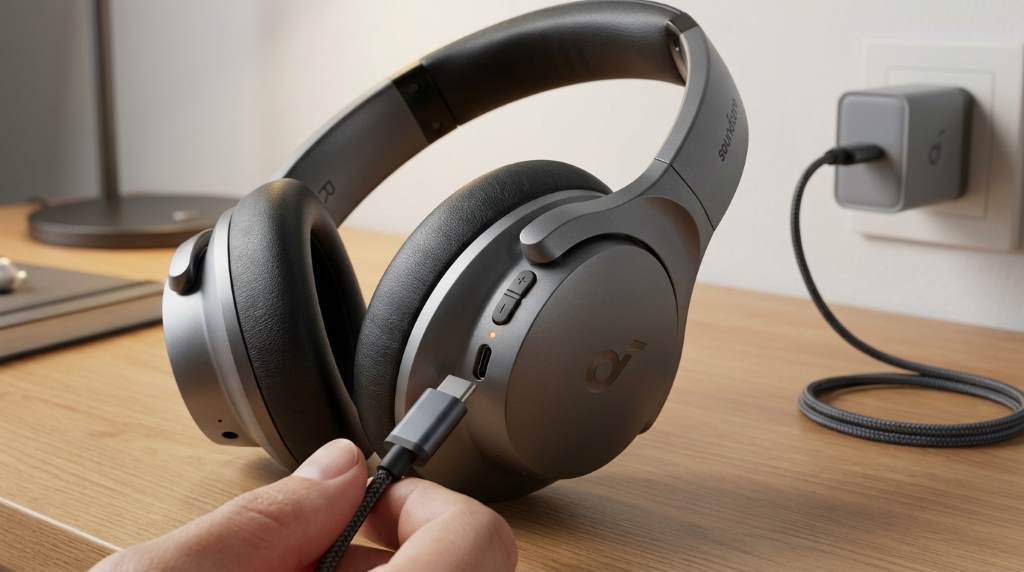 Charging Soundcore by Anker Q20i headphones with USB cable